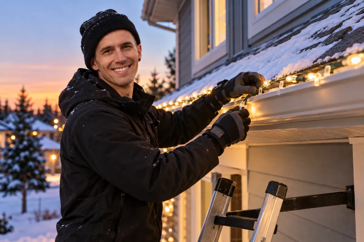 AI-generated illustration of Marko Sawatzky clipping warm white LED Christmas lights onto an eavestrough at dusk